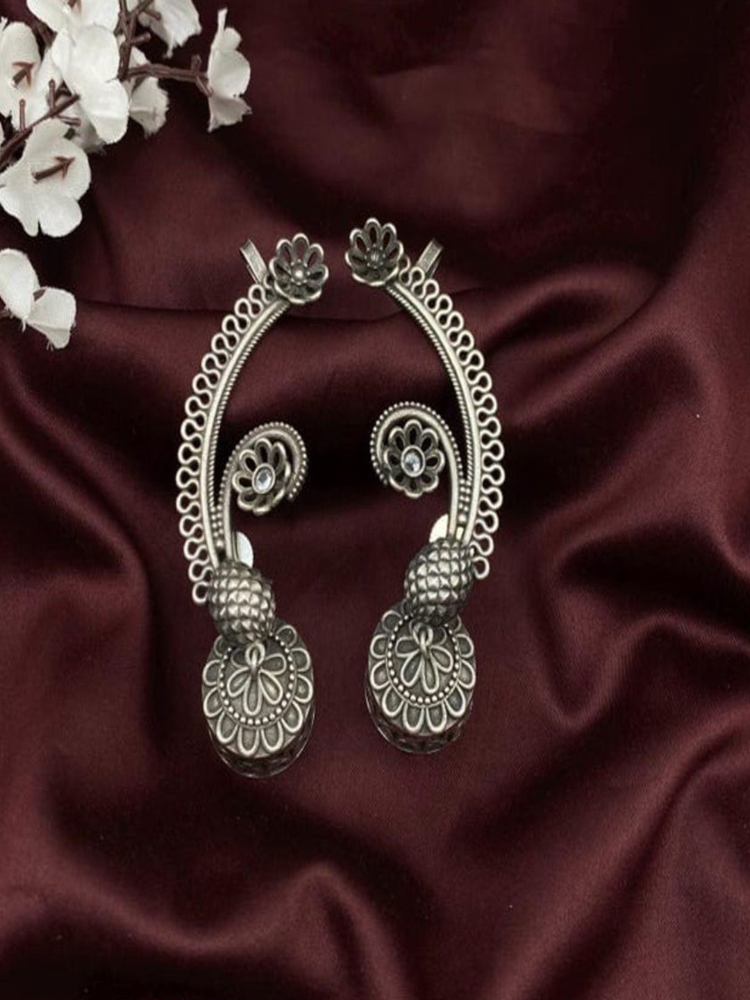 ROYAL NEEDS Stones Studded Floral Shaped Oxidised Ear Cuff