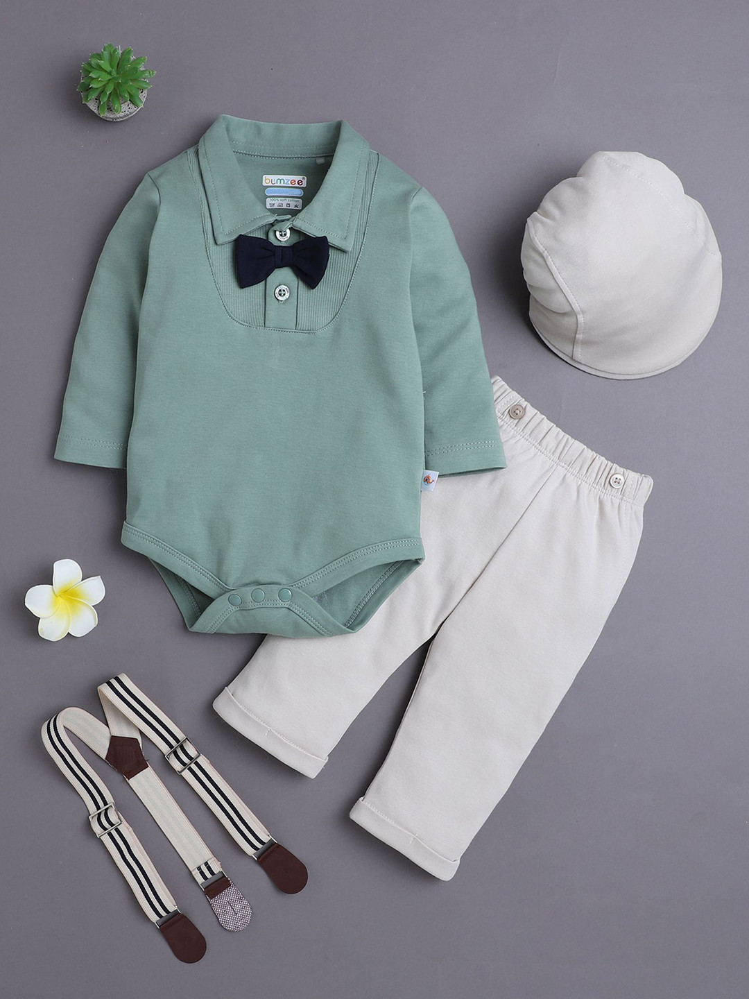 BUMZEE Boys Pure Cotton Full Sleeves Bodysuit Pant Set With Suspender & Cap