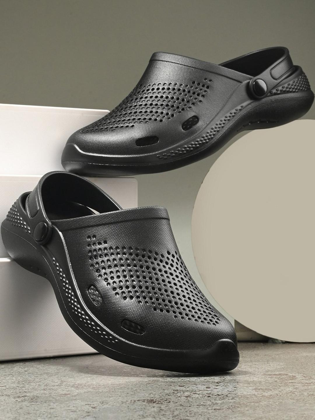 SZN Men Black Slip On Laser Cut Textured Rubber Clogs With EVA Sole