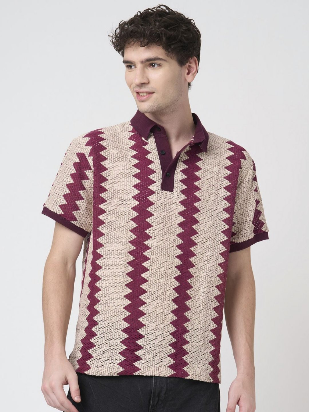 TERAXO Geometric Self Design Relaxed Fit Polo Collar Cotton T-shirt