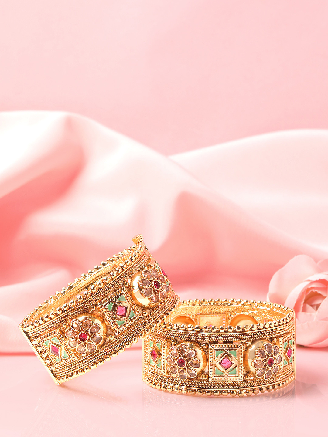 Panini jewels Set Of 2 Gold-Plated Ruby-Studded & Beaded Openable Designer Bangles