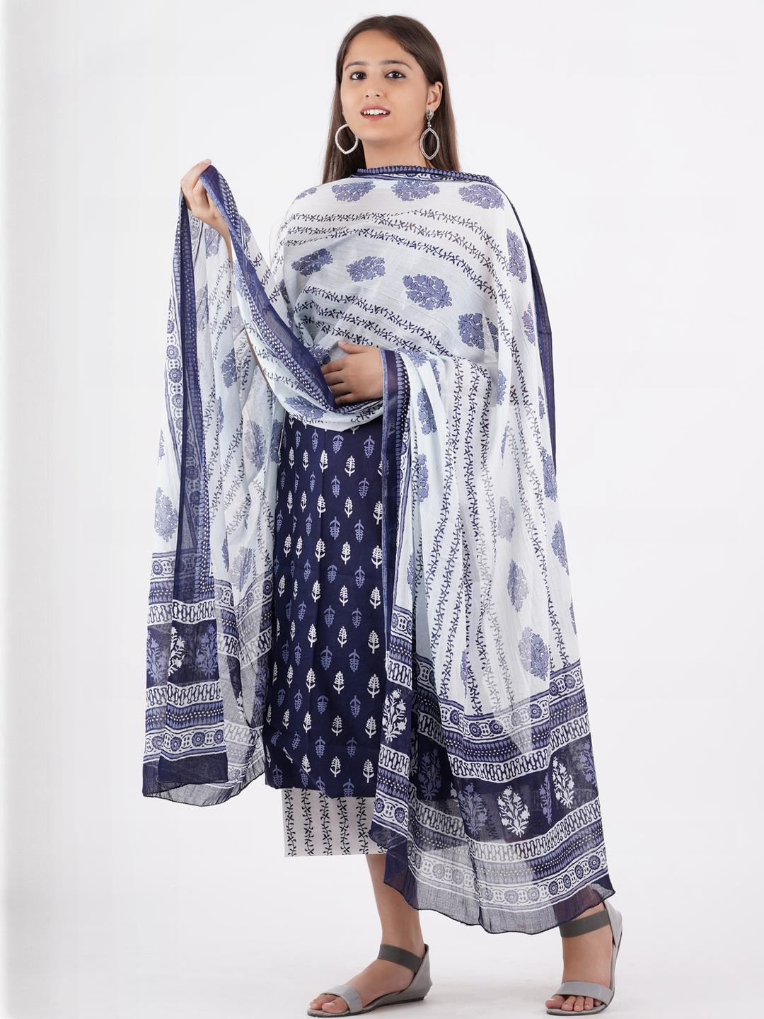 Kwatchi Women Blue Pure Cotton Hand Block Unstitched Salwar Suits Dress Material