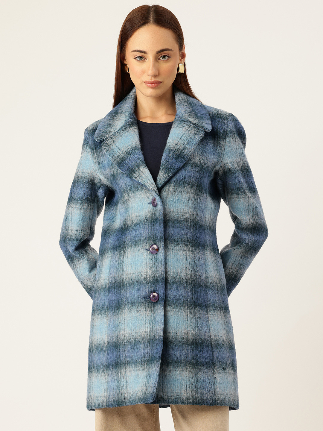 Monte Carlo Self-Checked Faux Fur Detail Notched Lapel Collar Single Breasted Overcoat