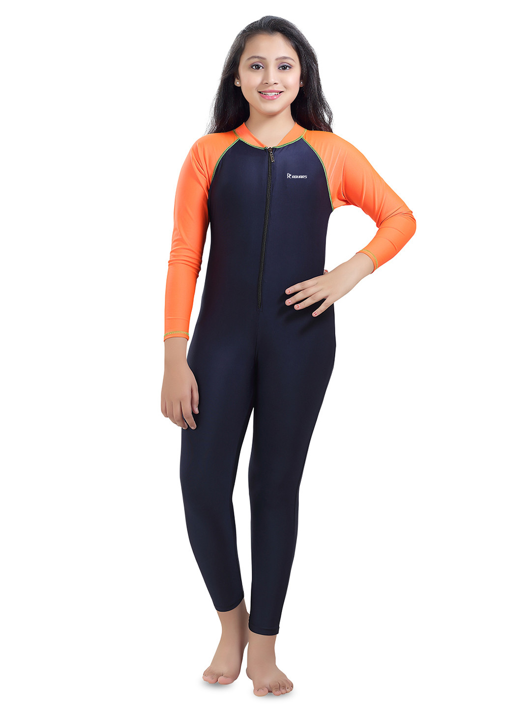 ROVARS Girls Kids Navy Blue & Orange Solid Full Bodysuit