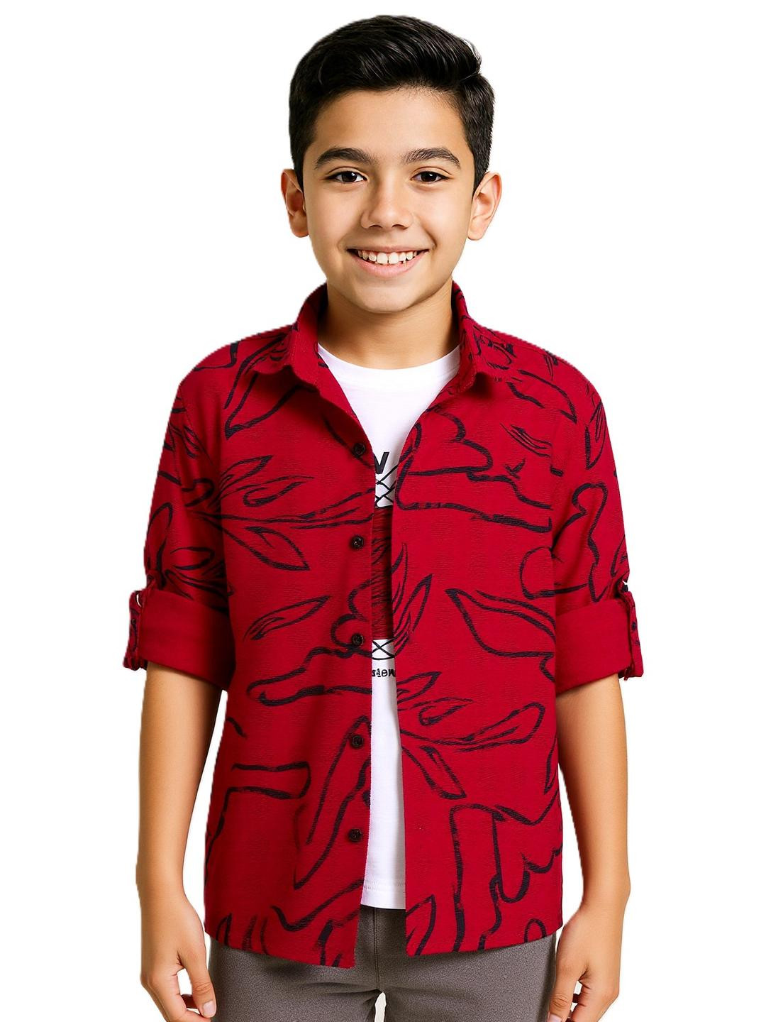 CAVIO Kids Boys Red Printed Casual Shirt & T-Shirt