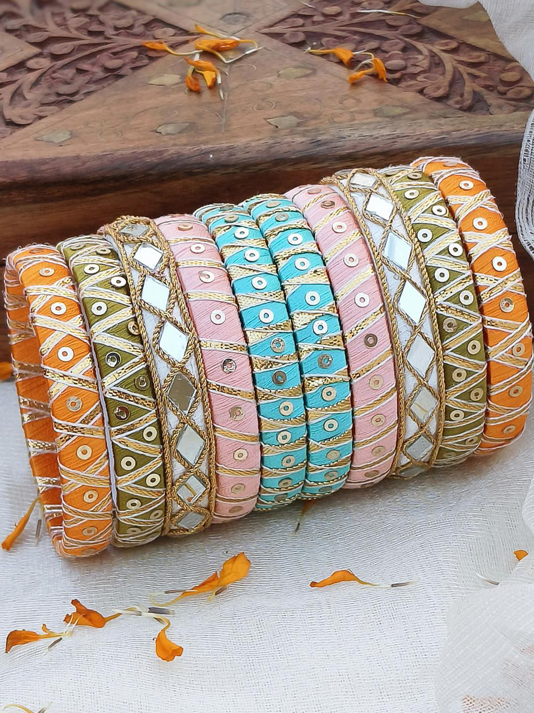 ADVIKA CREATIONS Women Pack of 10 Multi Plastic Handmade silk thread Bangles
