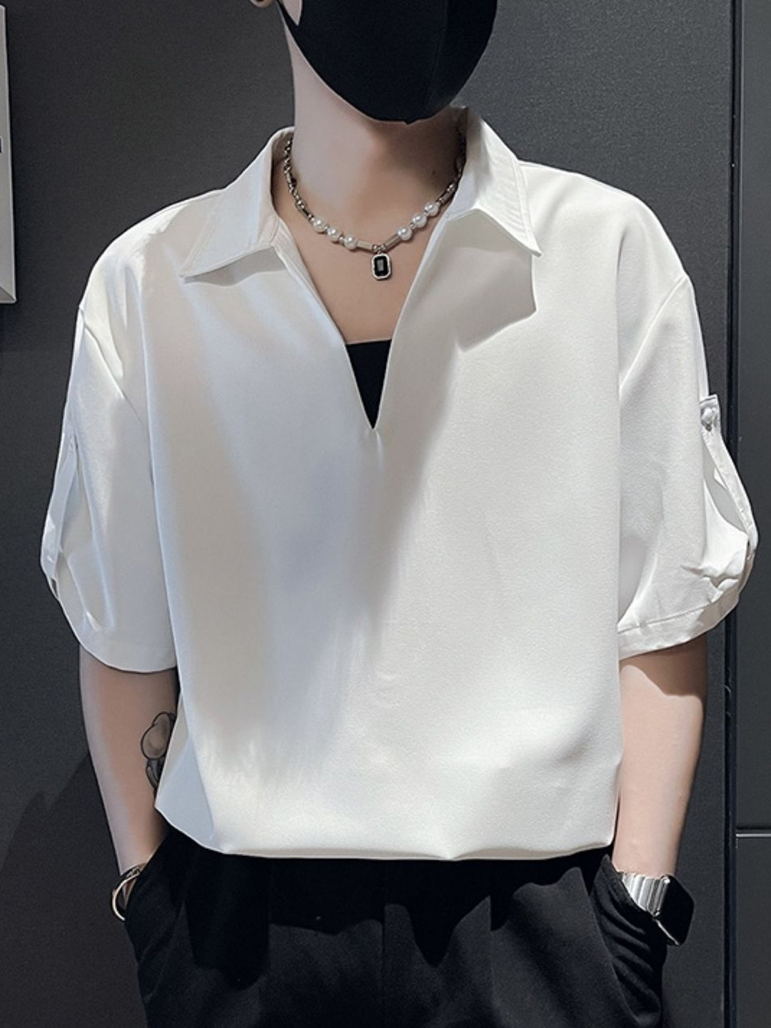 White Polo Collar Drop-Shoulder T-shirt