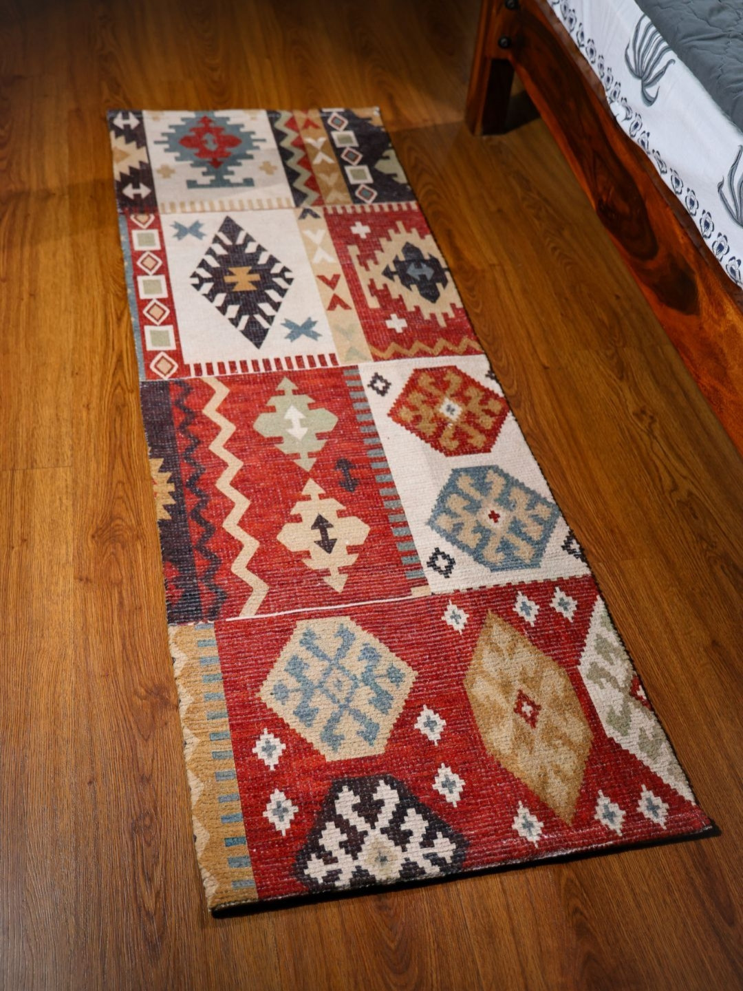 Mona B Vintage Red & Beige Printed Dhurrie Rug Runner