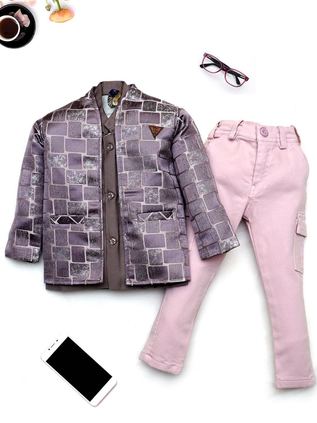 YK Boys Pink Printed Jacquard Jacket With Trousers
