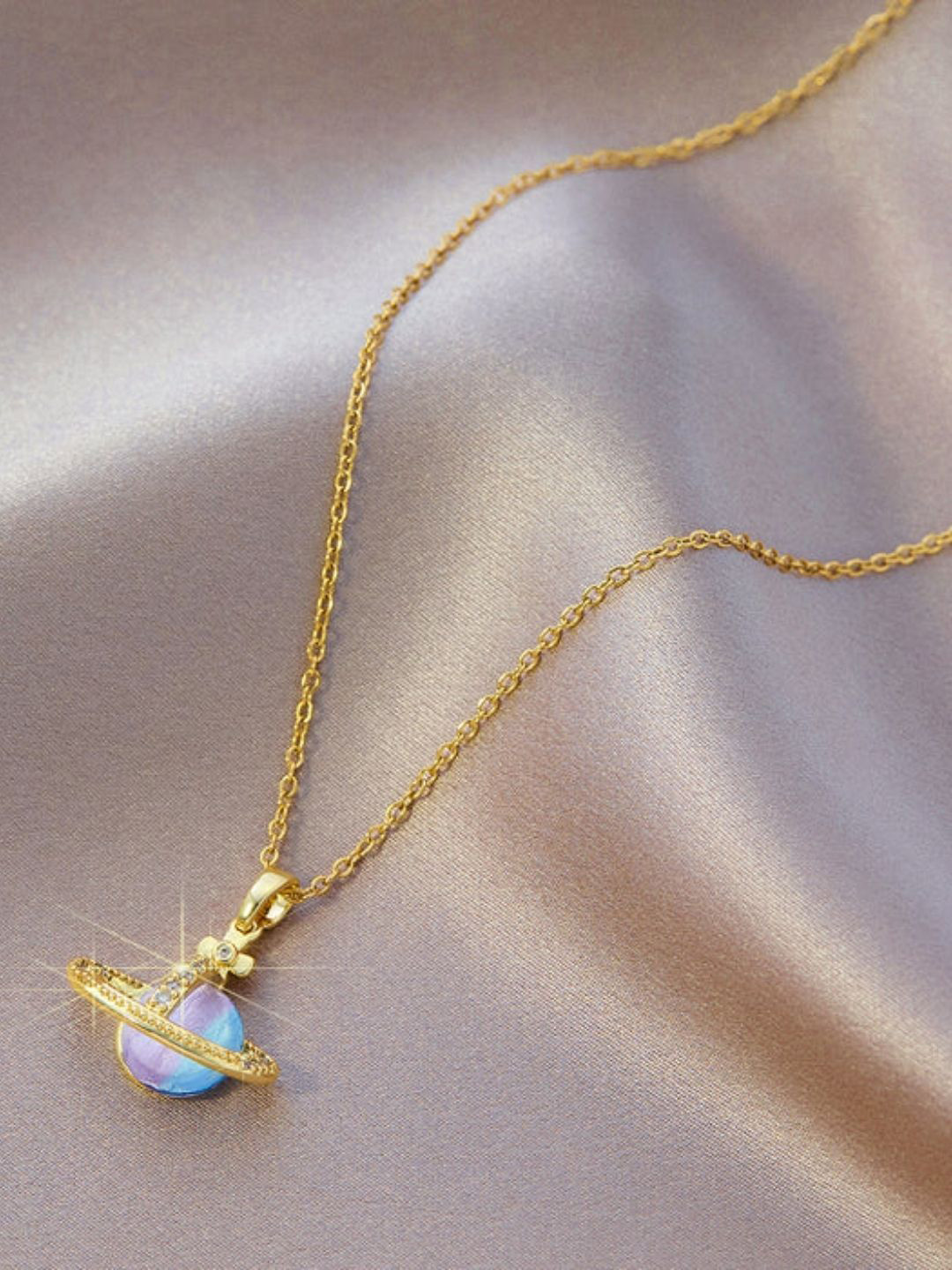 FAB COUTURE Stainless Steel Gold-Plated Studded Waterproof Saturn Quirky Pendant & Chain