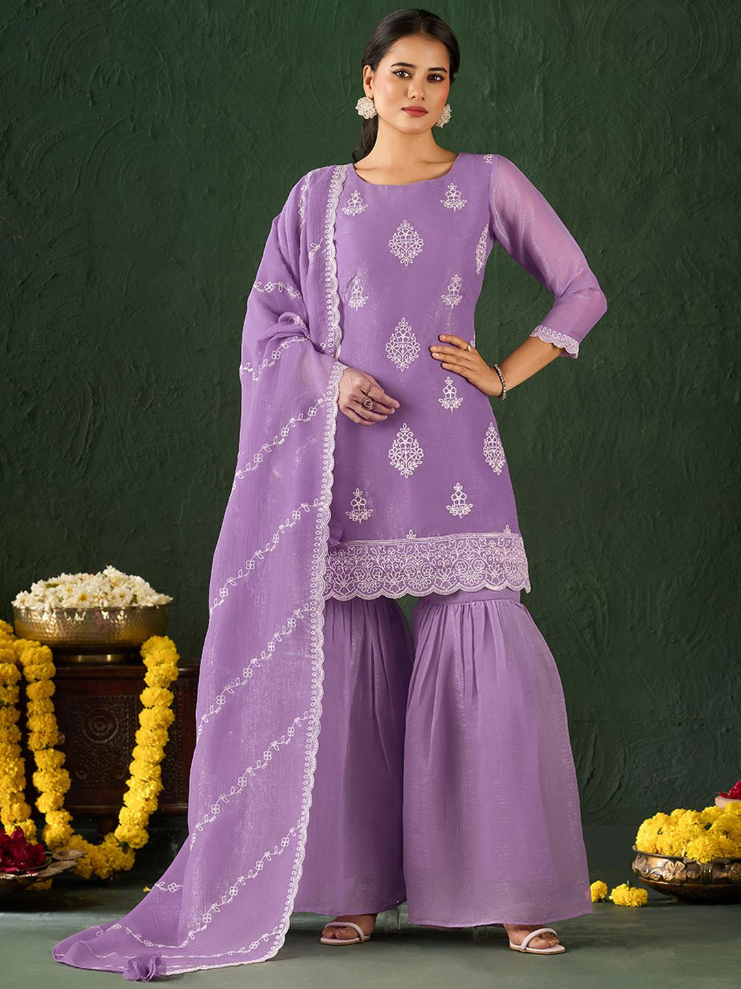 KALINI Women Ethnic Motifs Embroidered Thread Work Kurta With Sharara & With Dupatta