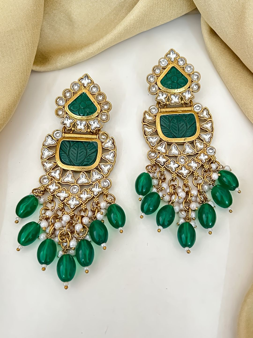 Zeviel Contemporary Gold-Plated Stones Studded & Beaded Triangular Shaped Drop Earrings