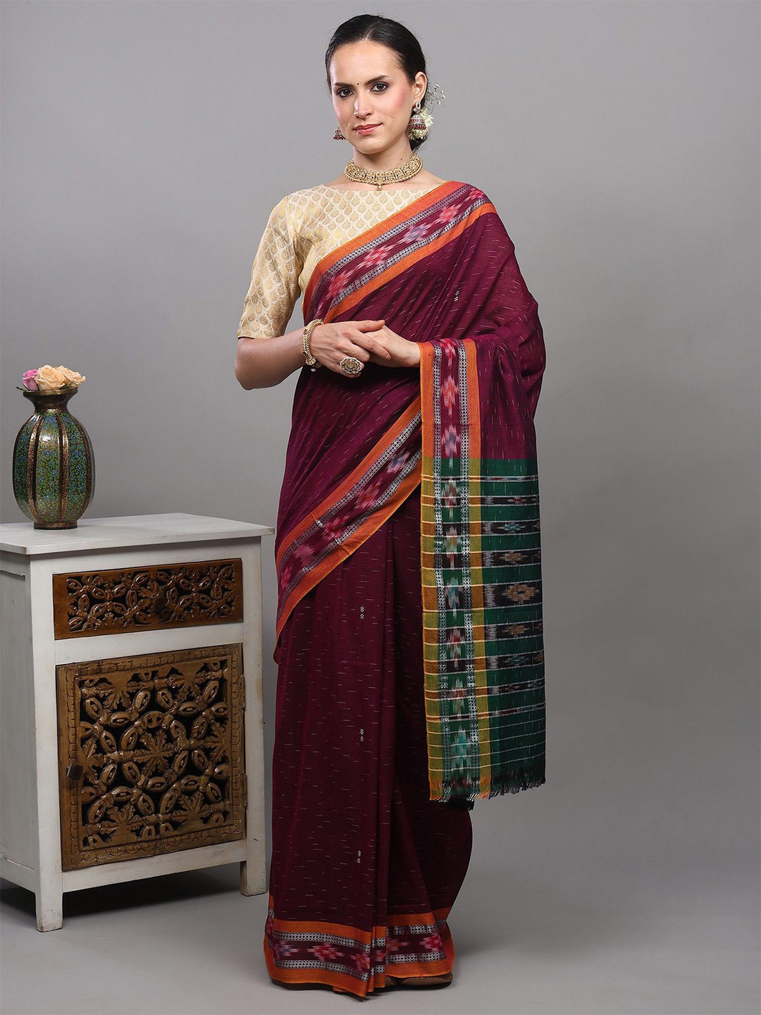 Exotic India Cotton Ikat Saree from Sambhalpur with Woven Border