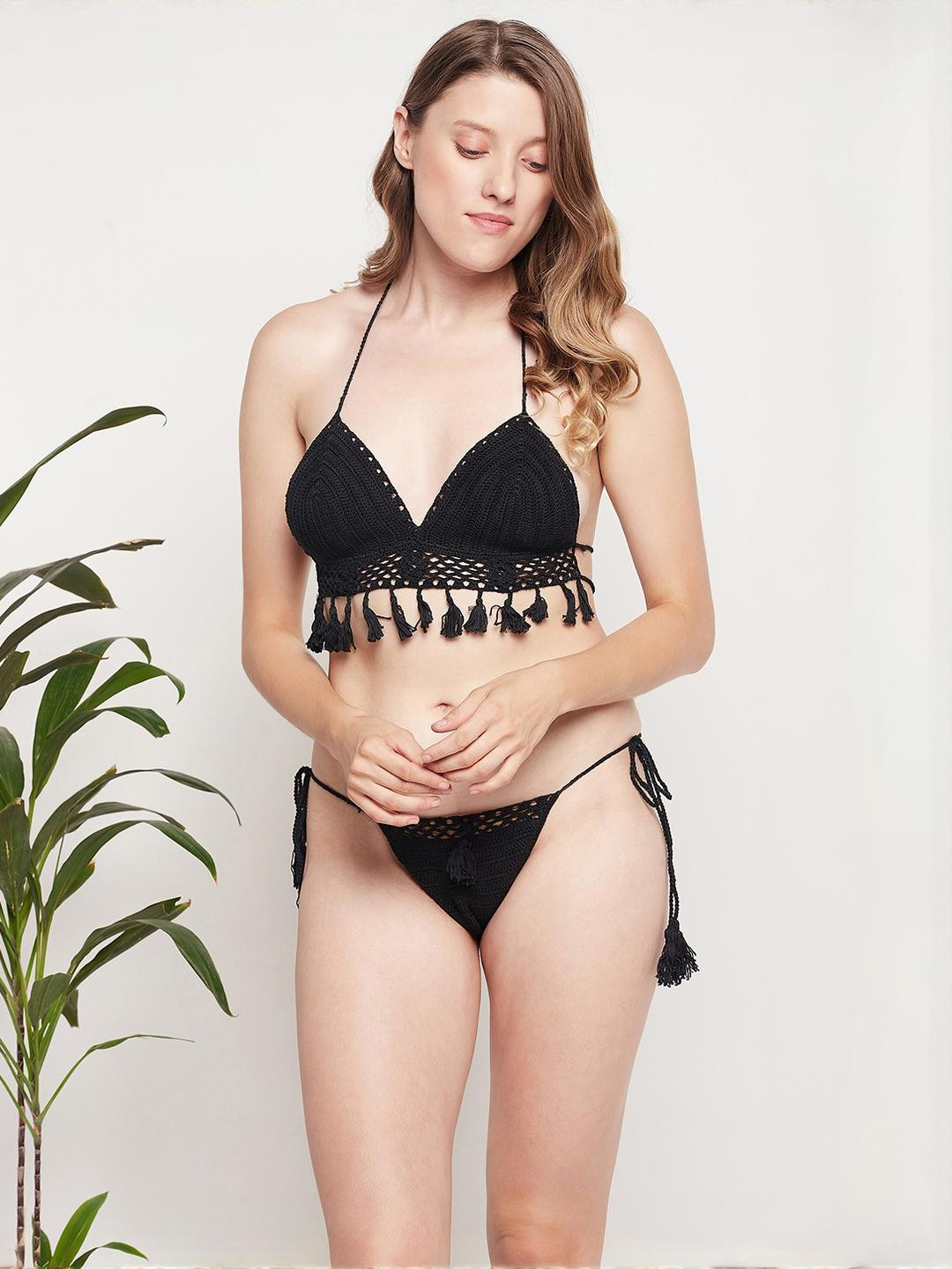 LoveAasan Women Black Crochet Halter Neck Casual Sleeveless Lingerie Set