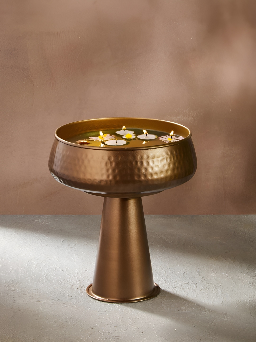 Fabindia Aman Gold Toned Hammered Decorative Bowl Urli With Stand