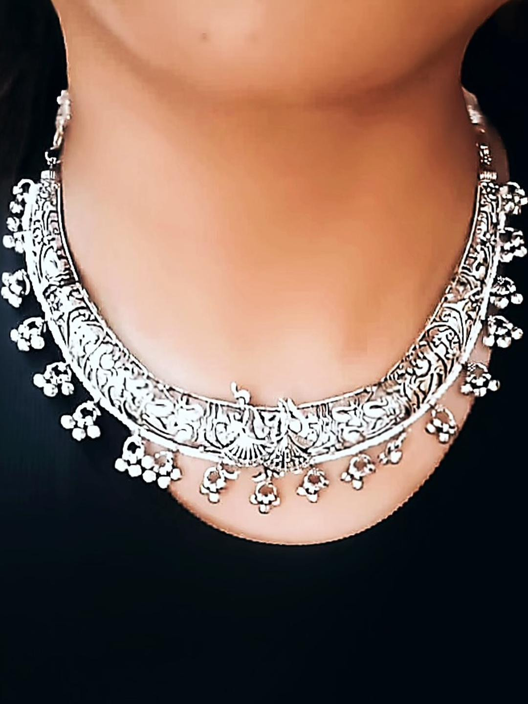 BlingNation Women Silver Oxidised Hasli Necklace Set With Matching Jhumkas
