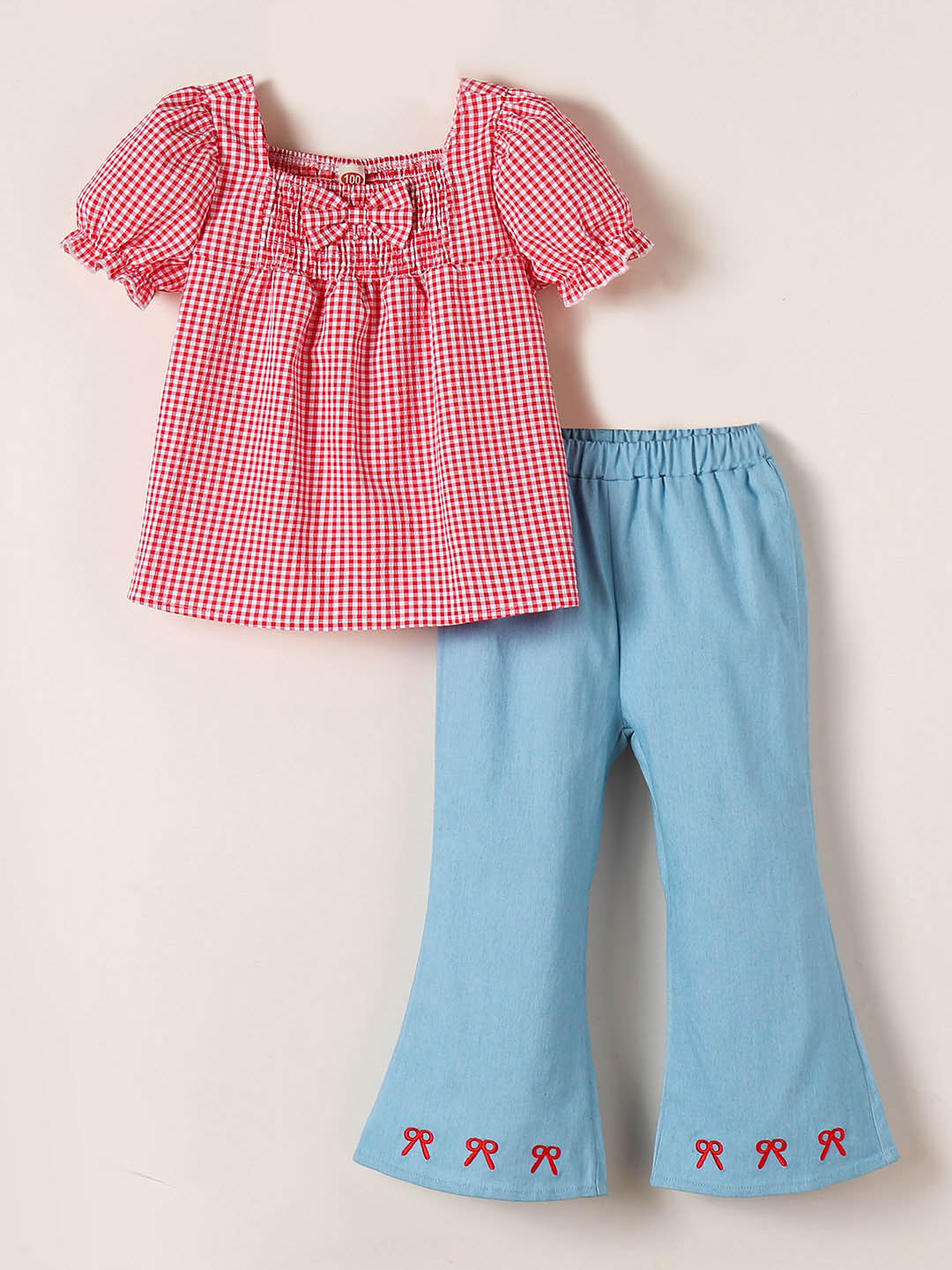 2-Pc Gingham Blouse & Jeans