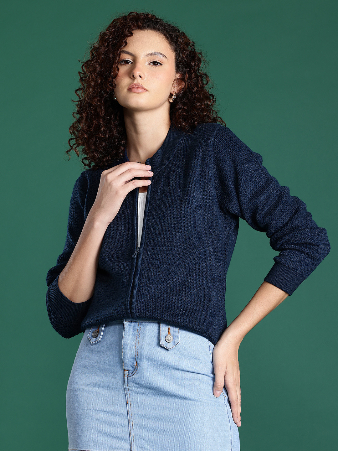 Cayman Cable Knit Round Neck Zip-Up Cardigan