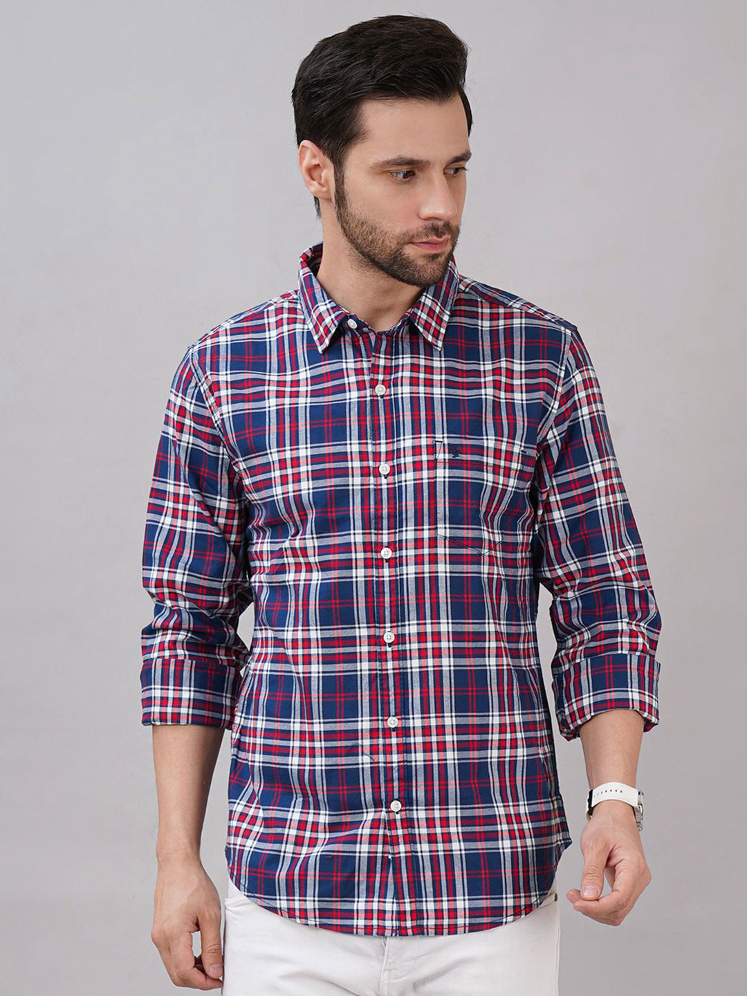 Sand Dunes Men Tartan Checked Spread Collar Pure Cotton Casual Shirt