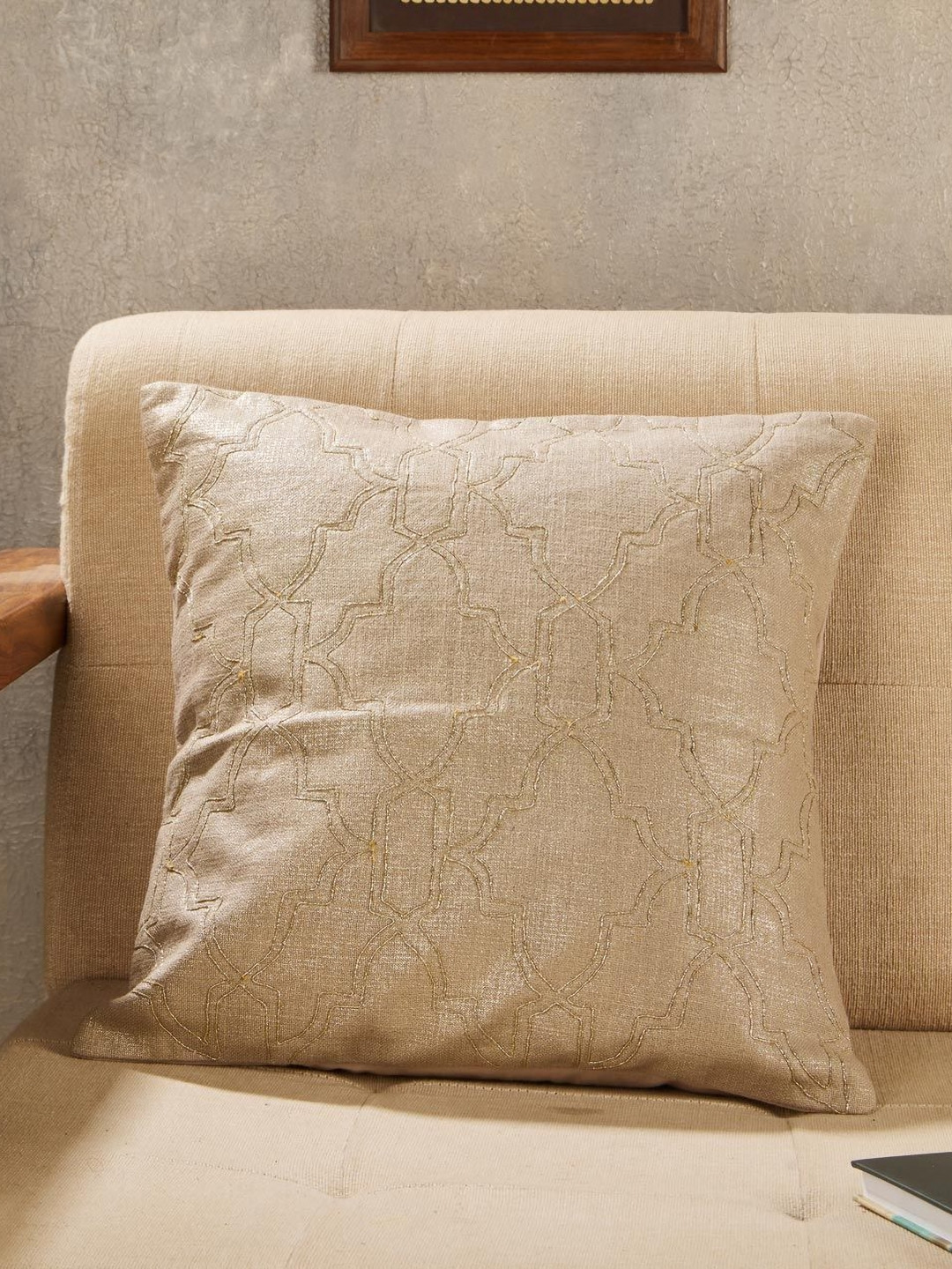 Fabindia Zara Taupe Embroidered Cotton Square Cushion Cover