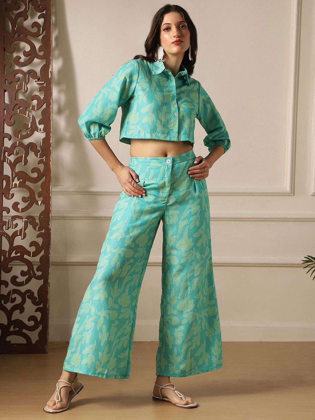 Globus Floral Print Bishop Sleeves Muslin Crop Shirt & Wide Leg Trousers Fusion Co-Ords