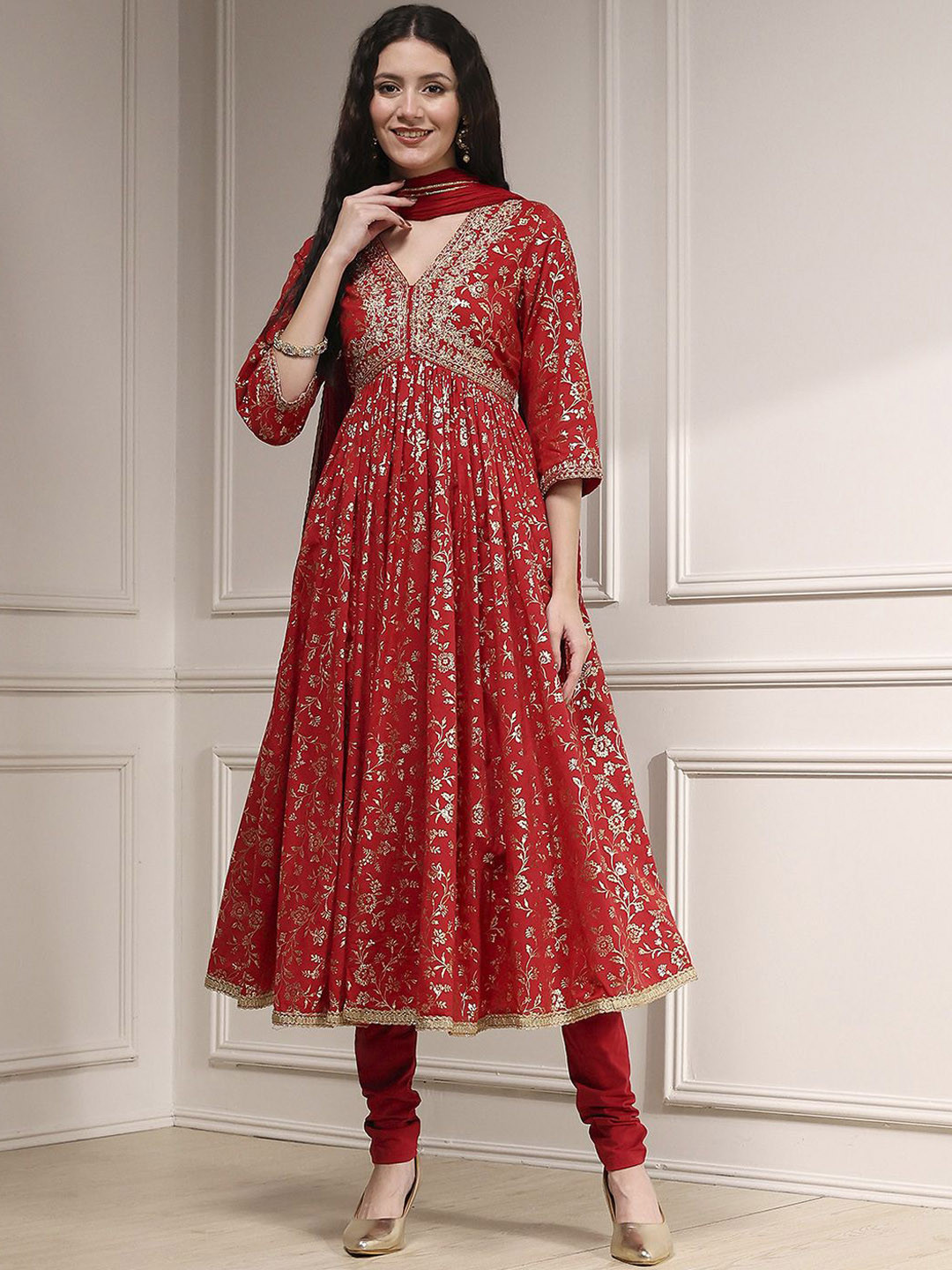 Biba Floral Embroidered Thread Work Pure Cotton Anarkali Kurta With Trousers & Dupatta