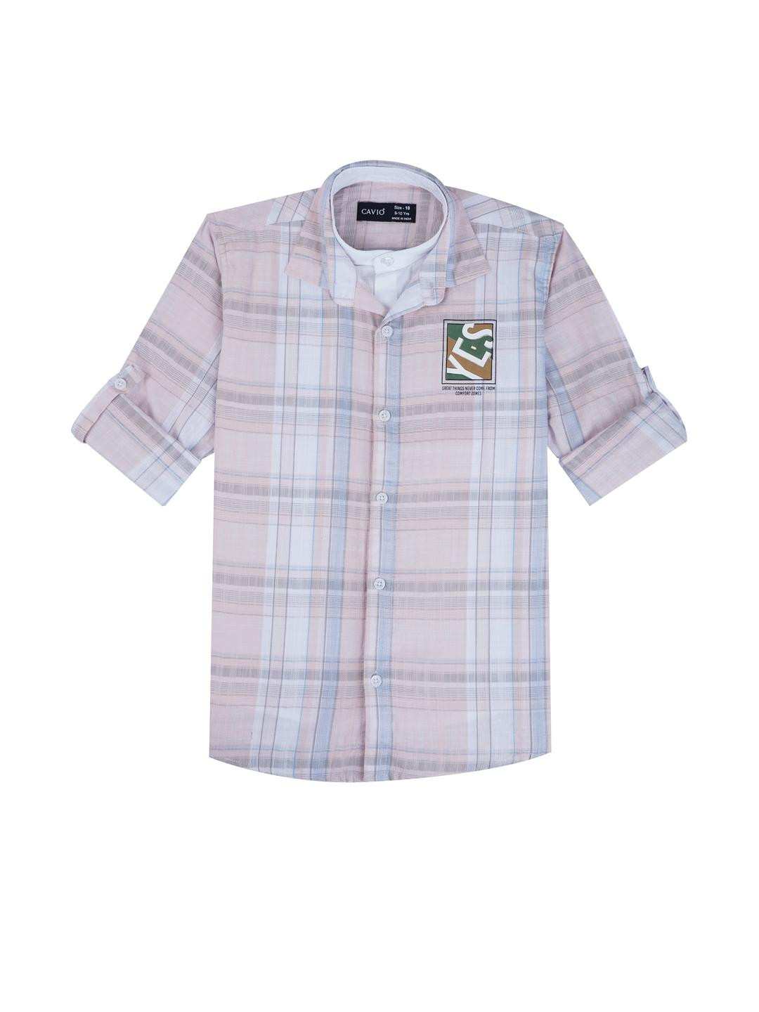 CAVIO Boys Pink Check Design Full Sleeve Cotton Casual Shirt