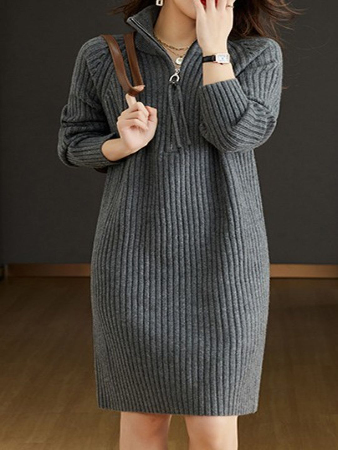 bebe Women Ribbed Knit Half-Zip Mock Neck Sheath Dress