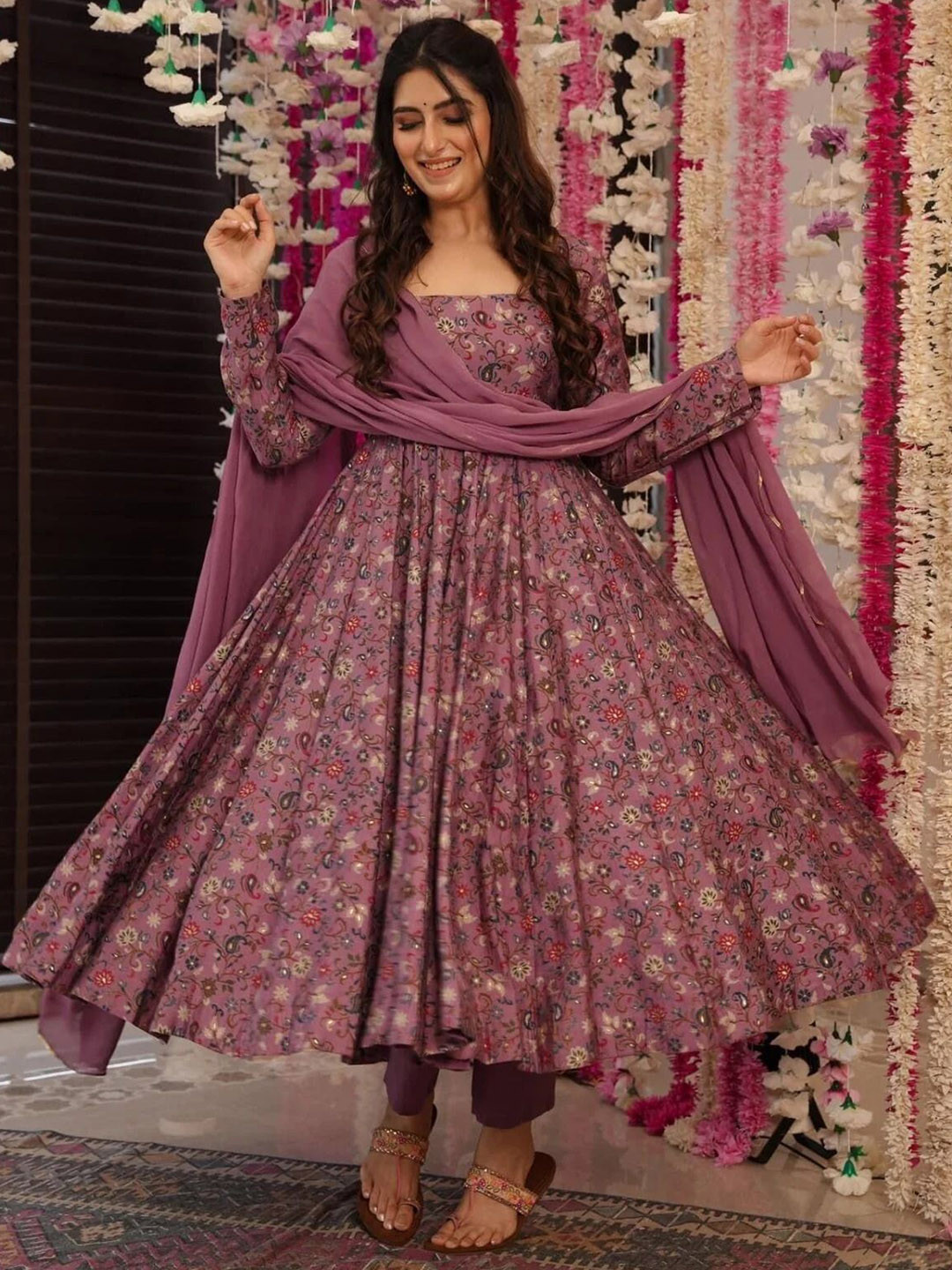 Brand Hill Floral Printed Pleated Scoop Neck Anarkali Kurta With Trousers & Dupatta