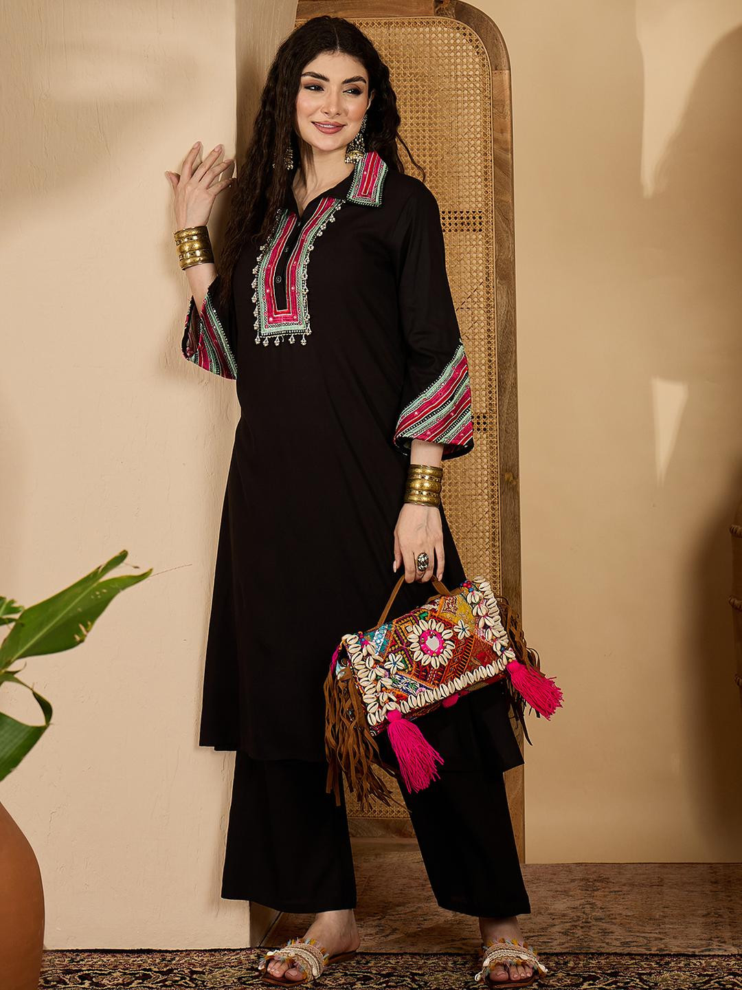 Sangria Women Black Embroidered Rayon A-Line Kurta Set