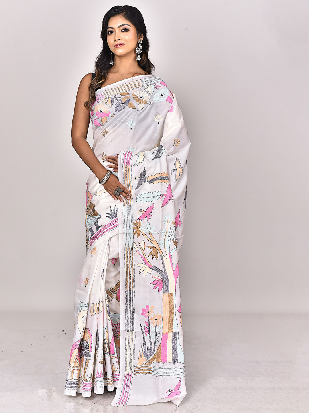 RAM SHYAM collection Ethnic Motifs Embroidered Kantha Work  Saree