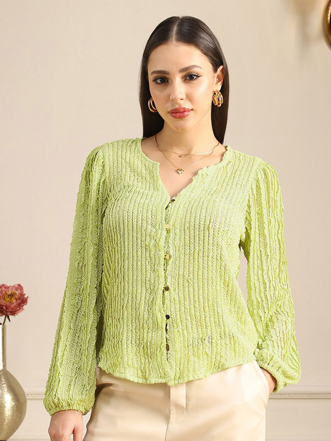 Globus Women Green V-Neck Bishop Sleeves Ribbed Lace Shirt Style Top