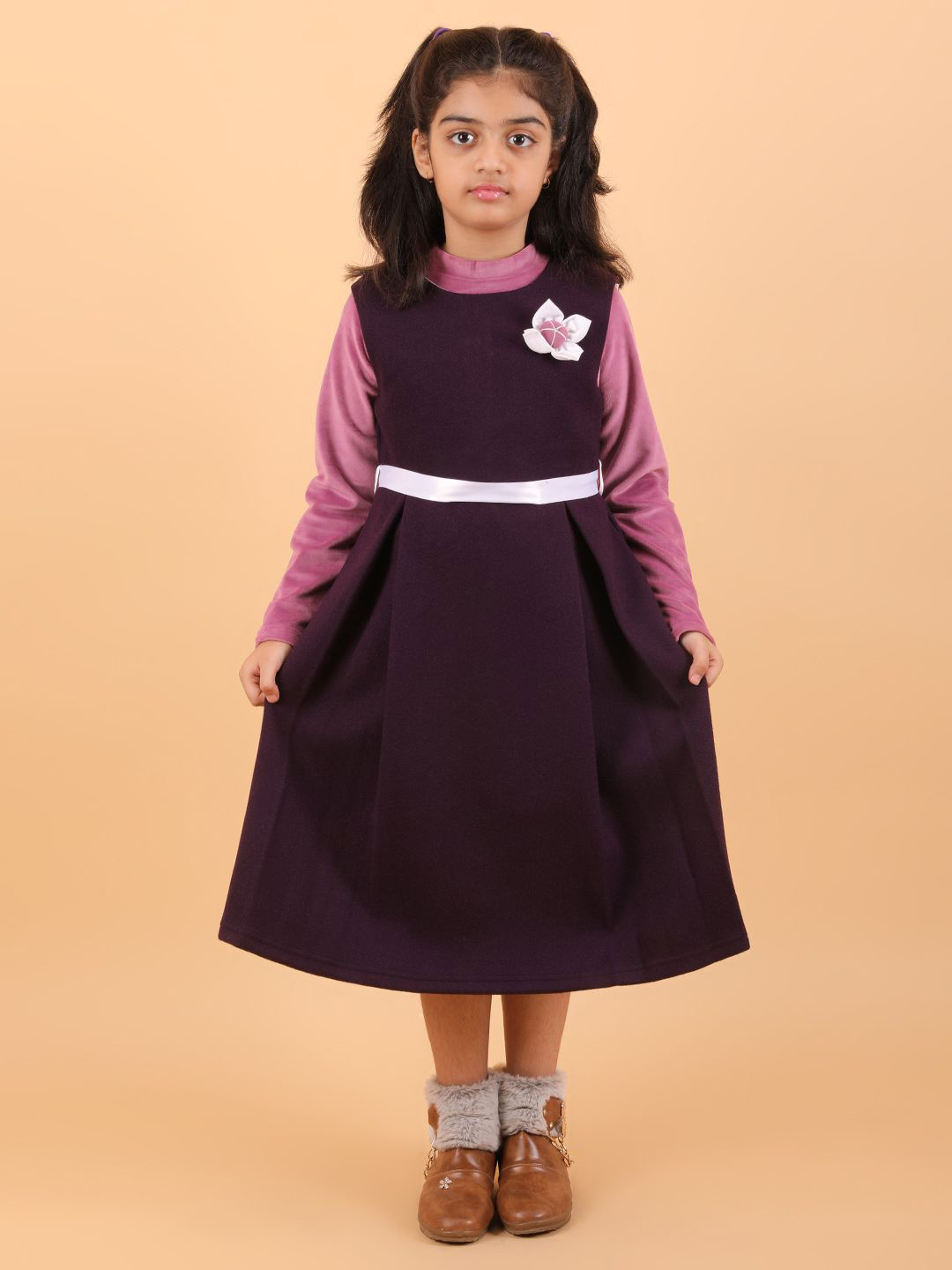 CALYX CLOTHING Girls Round Neck Long Sleeve Bow Accent Tunic