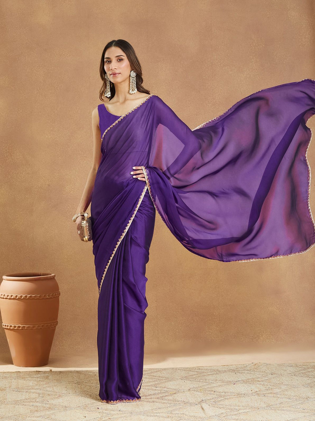 LOROFY Beads and Stones Fusion Chanderi Saree