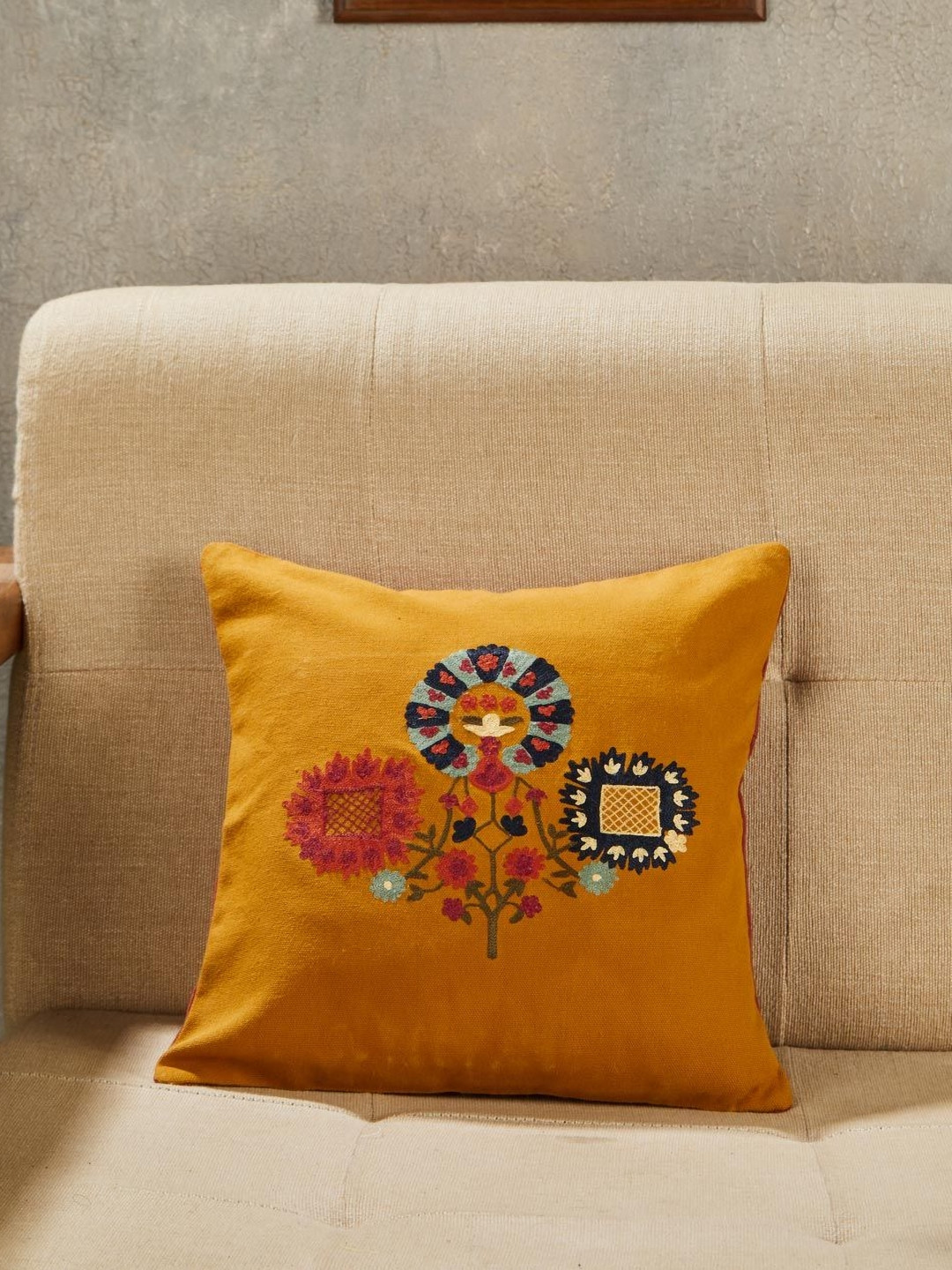 Fabindia Zhuri Yellow & Blue Embroidered Square Cotton Cushion Cover