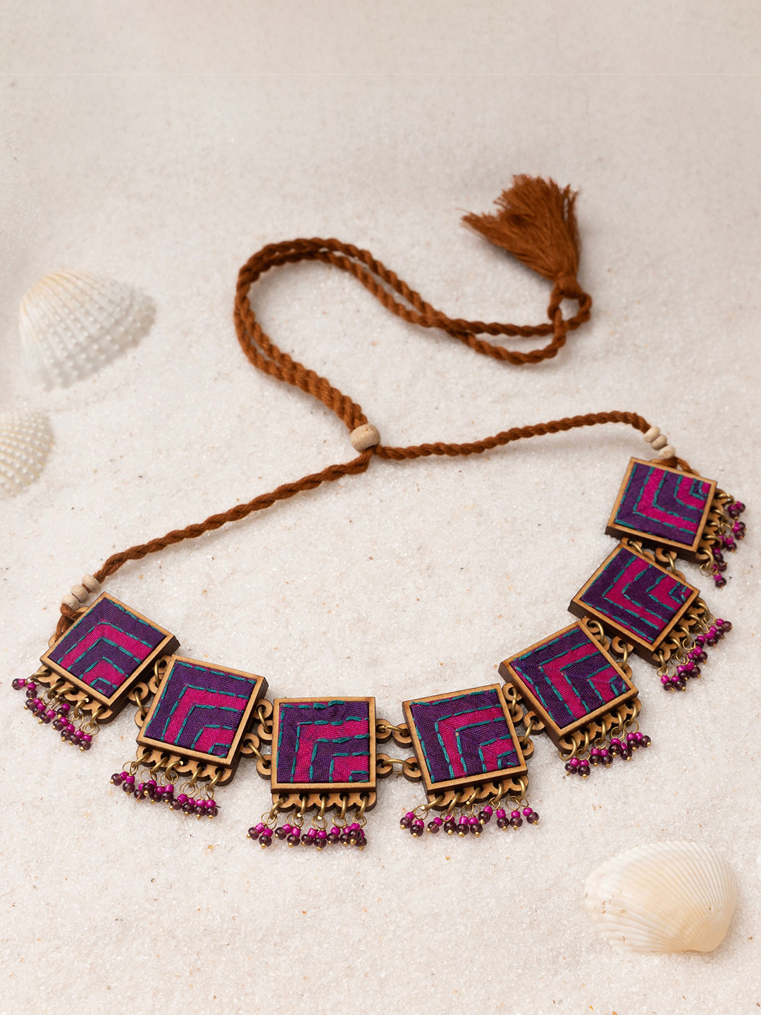 WHE Pink Purple Kantha Repurposed Silk Fabric and Wood Necklace