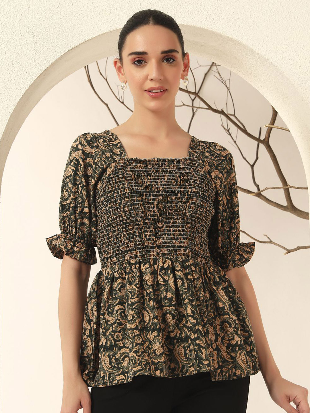 OTABU Ethnic Motifs Printed Puff Sleeve Smocked Peplum Top