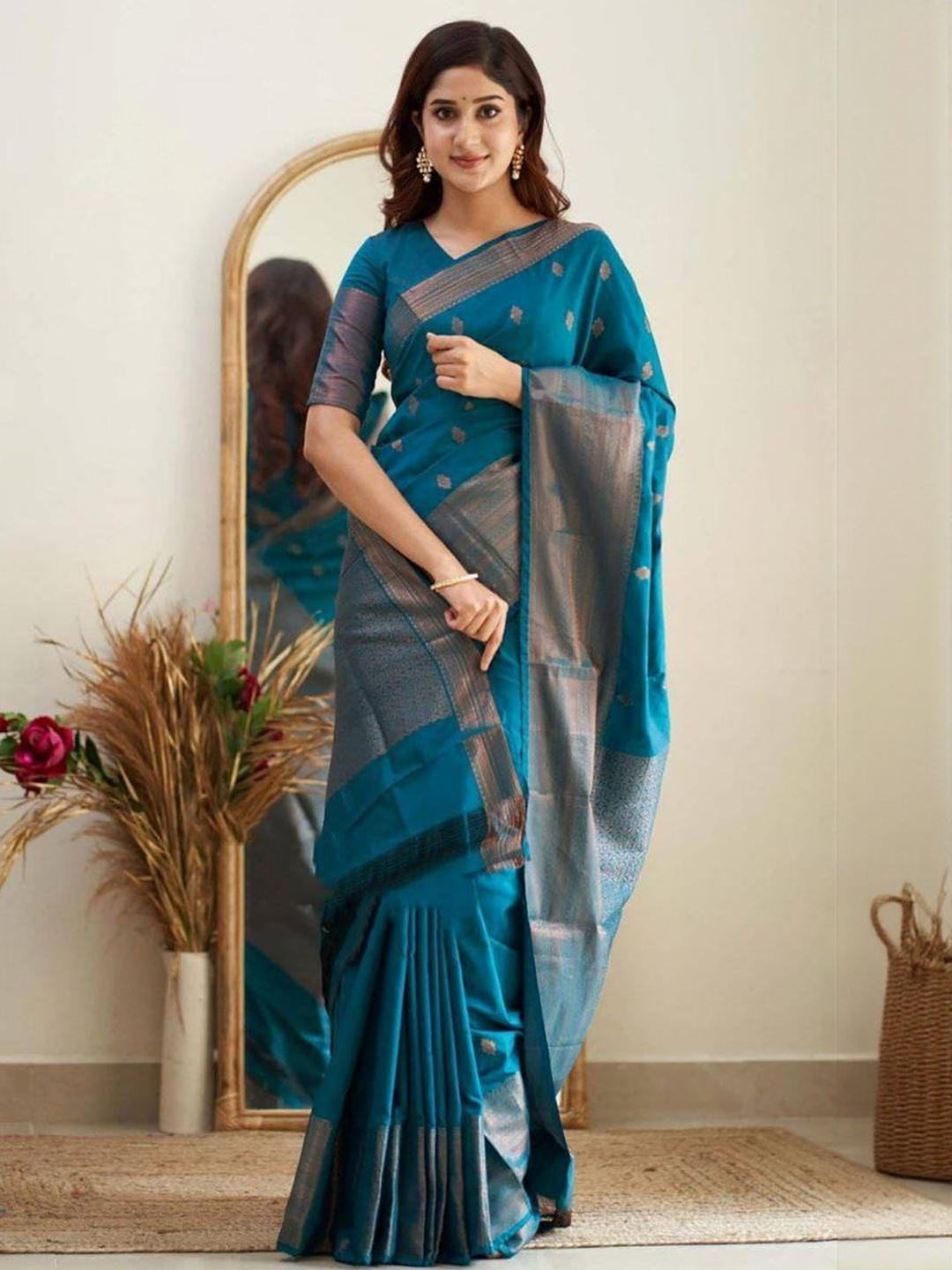 GHAN SALS Blue Ethnic Motifs Printed Zari Silk Blend Saree