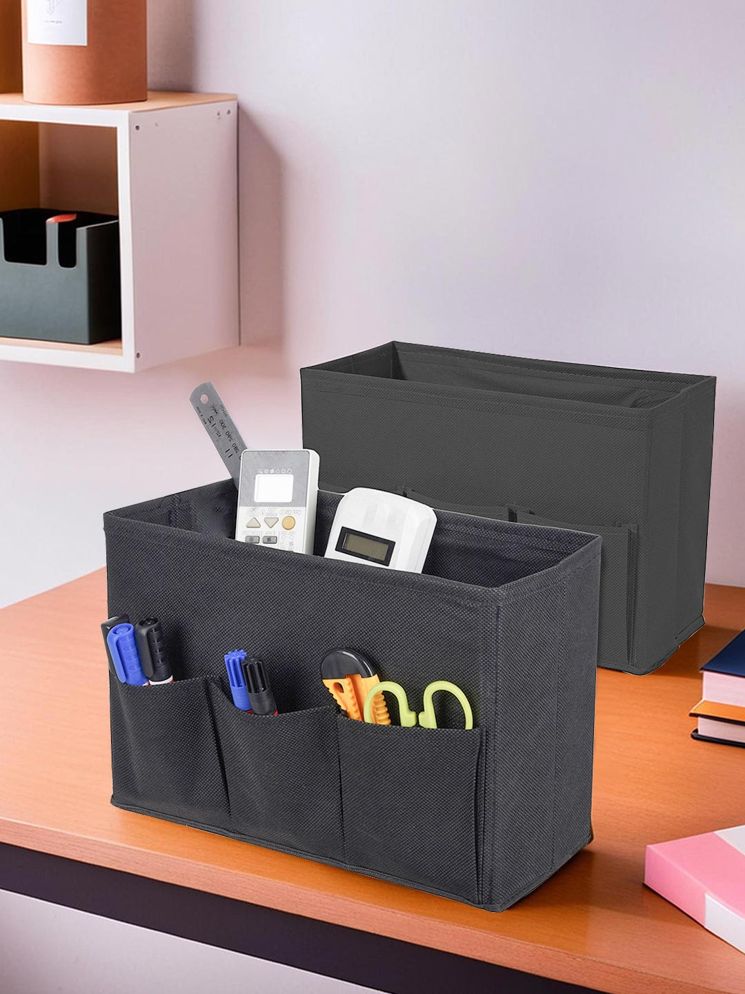 Aura Black 2 Pieces Non-Woven 3 Compartment Stationary Desk Organiser