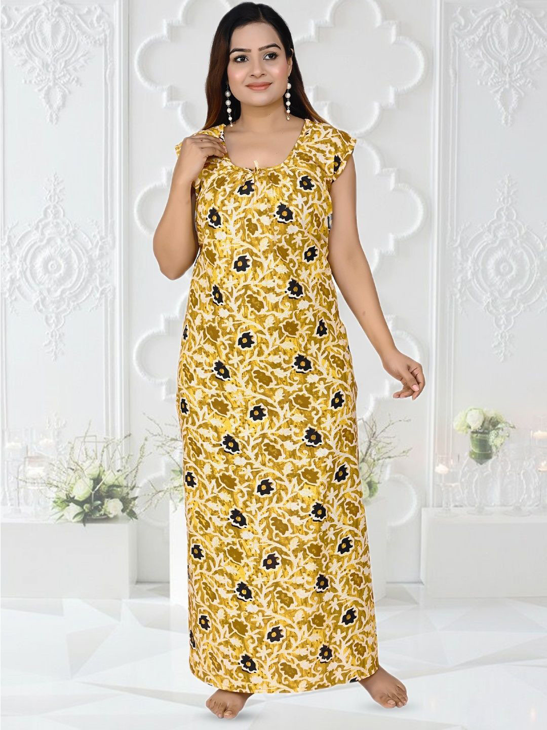 ANKONA Women Floral Printed Cotton Sleeveless Maxi Nightdress with Side Pocket
