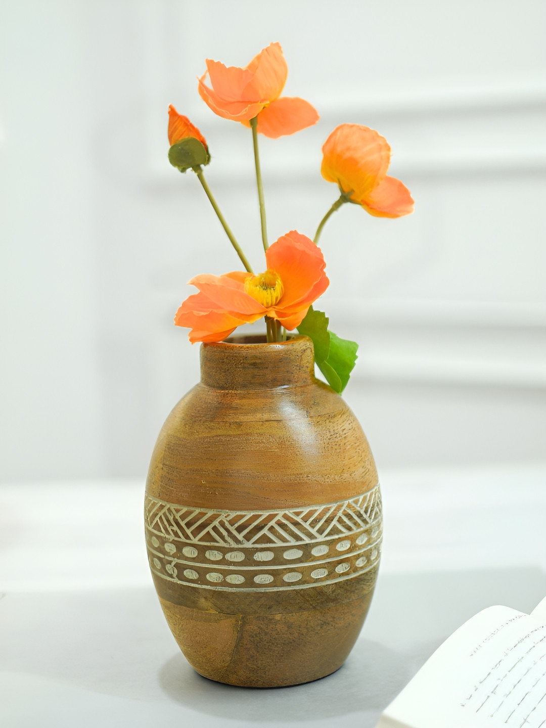BEHOMA Brown & White Printed Mango Wooden Flower Vase