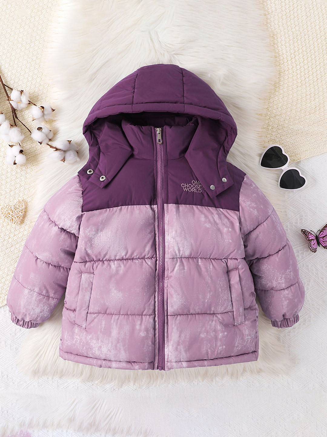 Hopscotch Kids Girls Purple Text Embroidered Hooded Long Coat