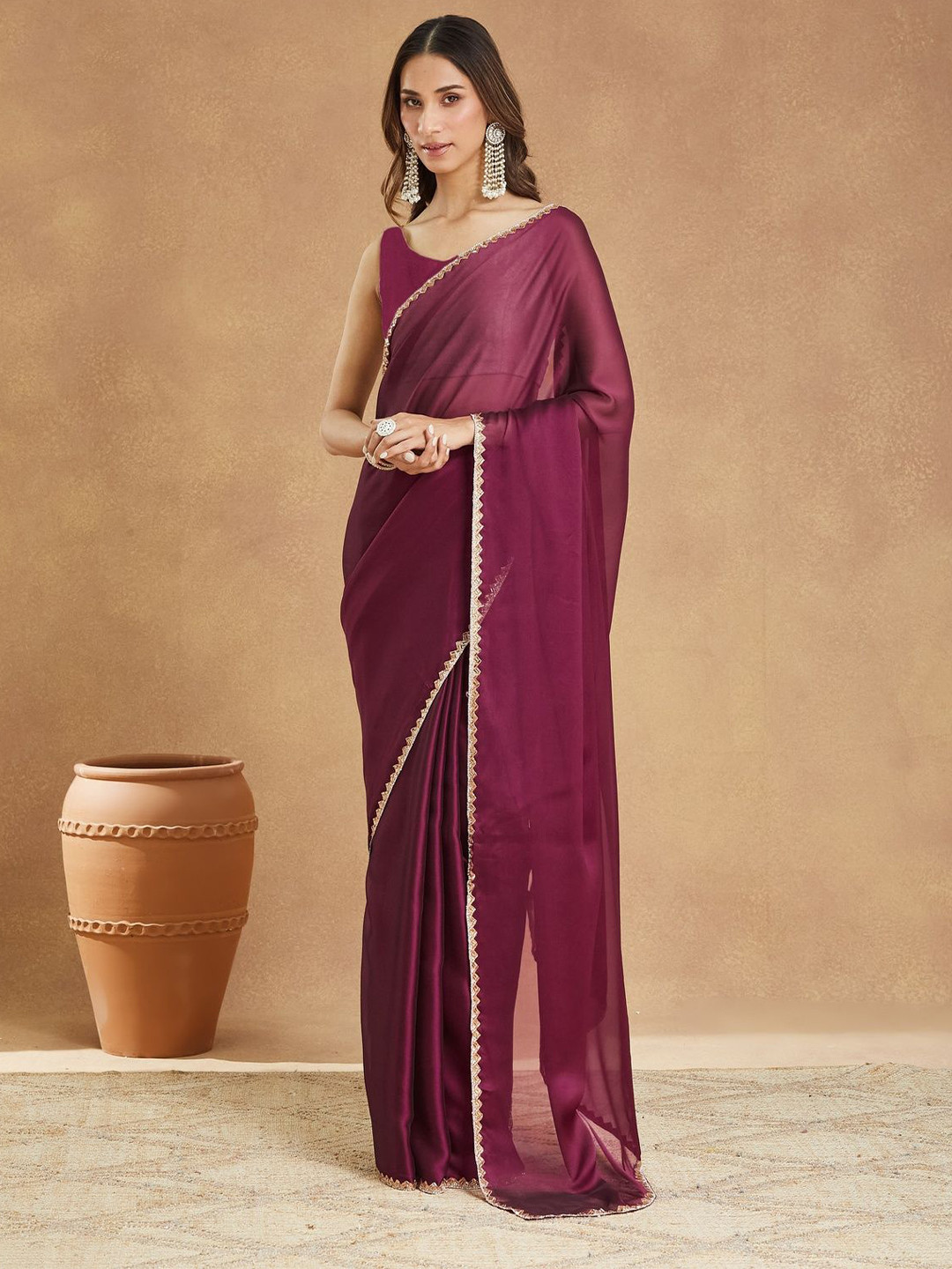 LOROFY Solid Beads and Stones Baluchari Sarees