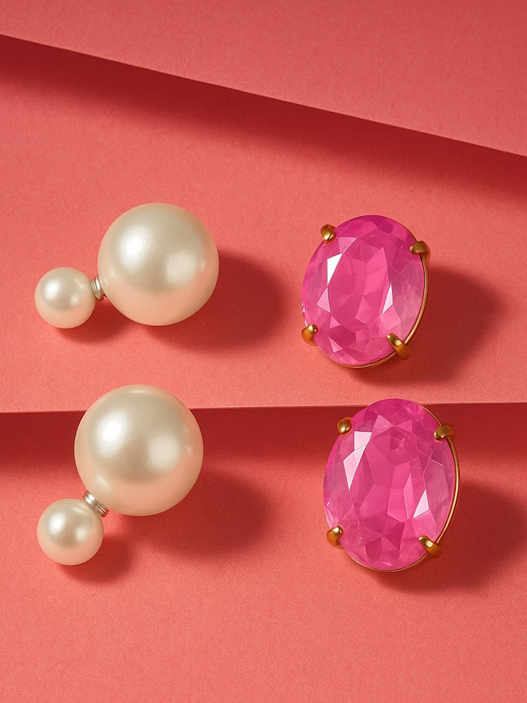 MANSIYAORANGE Korean Set Of 2 Gold-Plated Pearls Studded Spherical Double Sided Studs