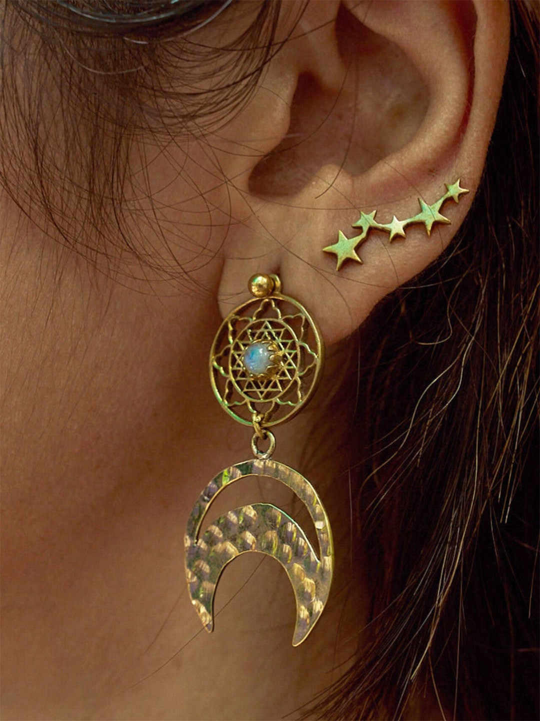 Soul Works Celestine Gold-Plated Crescent Shaped Moon Stone Drop Earrings