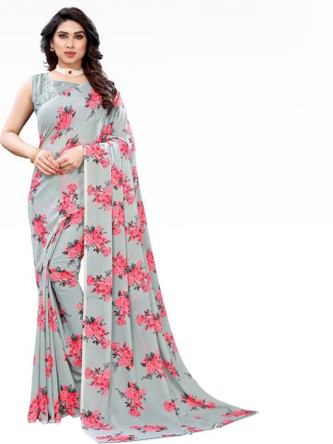 KANOODA 3 Pieces Green Yellow & Pink Floral Printed Georgette Saree