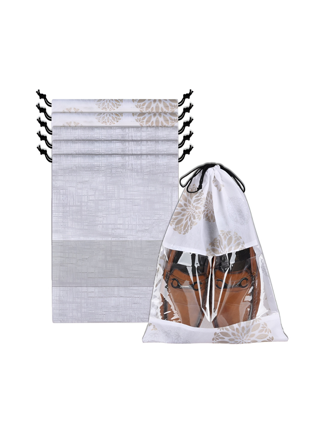 Aura White & Beige 6 Pieces Printed Shoe Bags With Transparent Windows