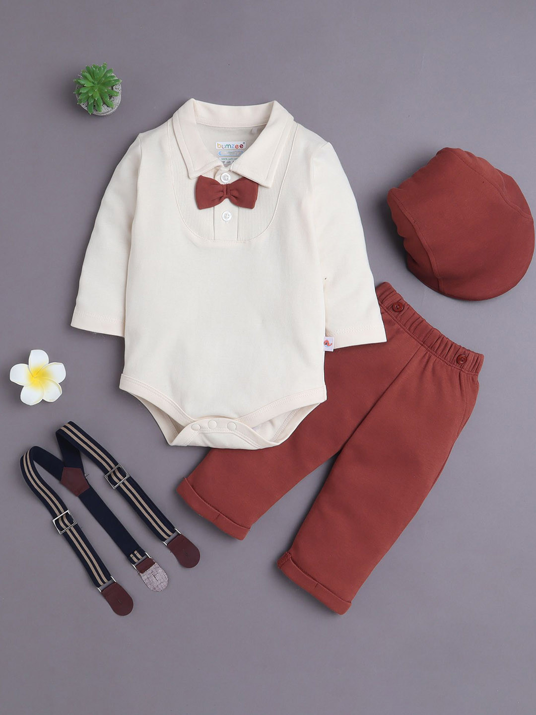 BUMZEE Boys Full Sleeves Bow Detailed Pure Cotton Bodysuit Pant Set With Suspender & Cap