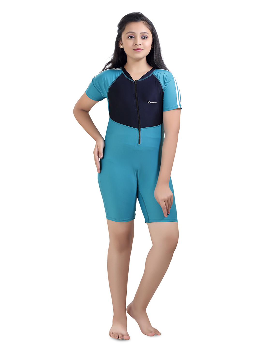 ROVARS Girls Kids Navy Blue & Green Solid Swimwear