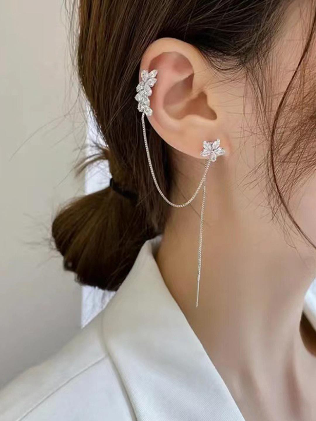 TheVineGirl  Korean Chain Tassel Threader Flower Ear Cuff Earrings